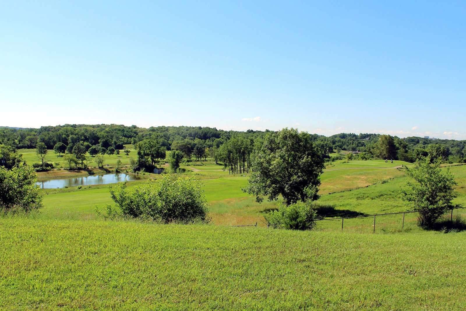 A wide green lawn sloping down toward a pond and rolling golf course fairways lined with trees under a clear blue sky.