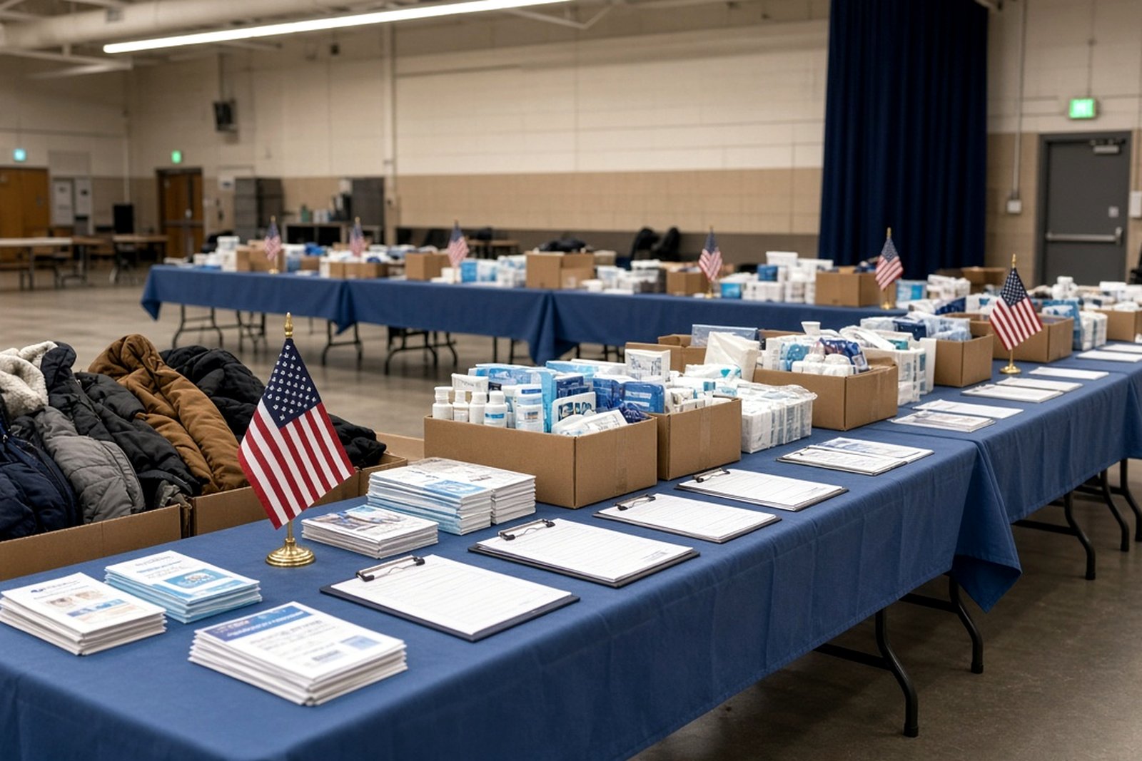 AI-generated illustration of an indoor veterans resource fair, with tables of flyers, clipboards and supply kits, boxes of winter coats and small American flags.