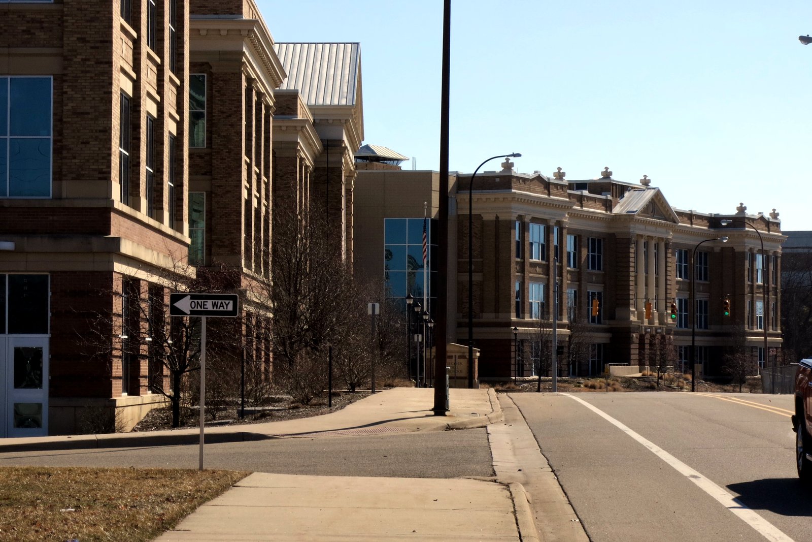 Brick school buildings, including an ornate older section with columns and stone trim, line a quiet street under a clear blue sky.