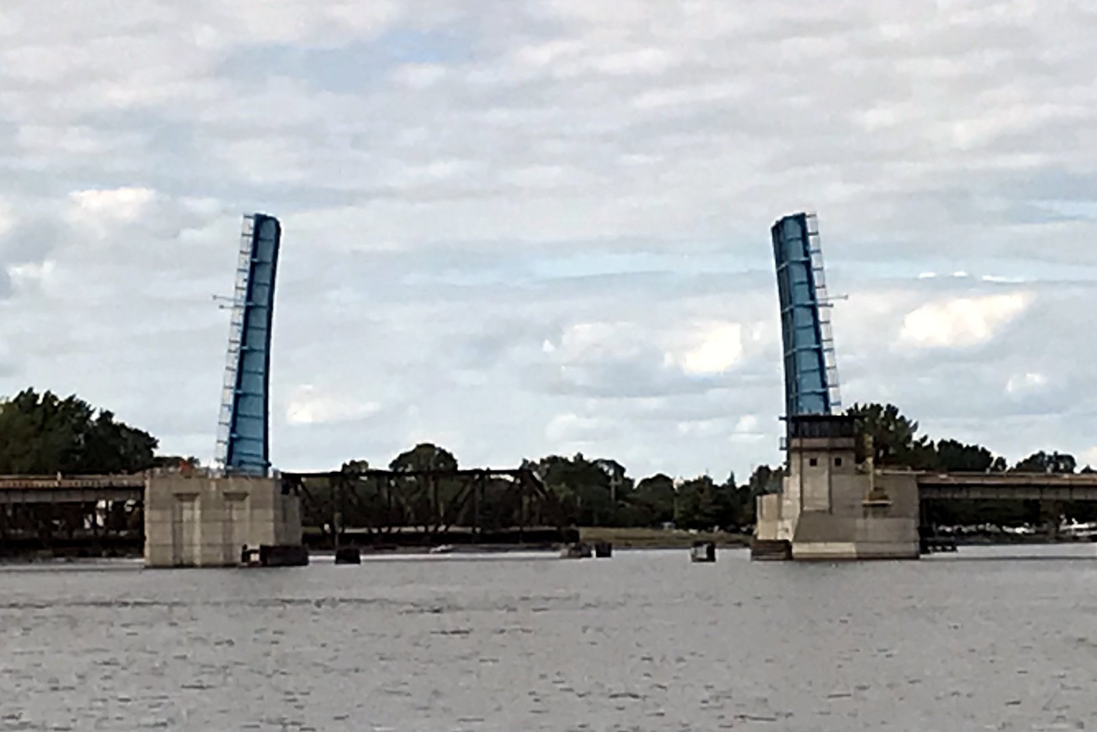 The raised lift spans of the Liberty Bridge over the Saginaw River in Bay City, Michigan, in a July 2022 file photo.