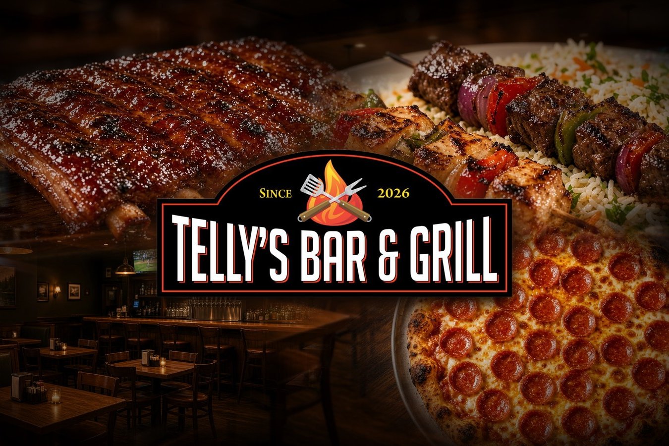 Telly's Bar & Grill logo over images of ribs, kabobs, pizza and a sports-bar dining room