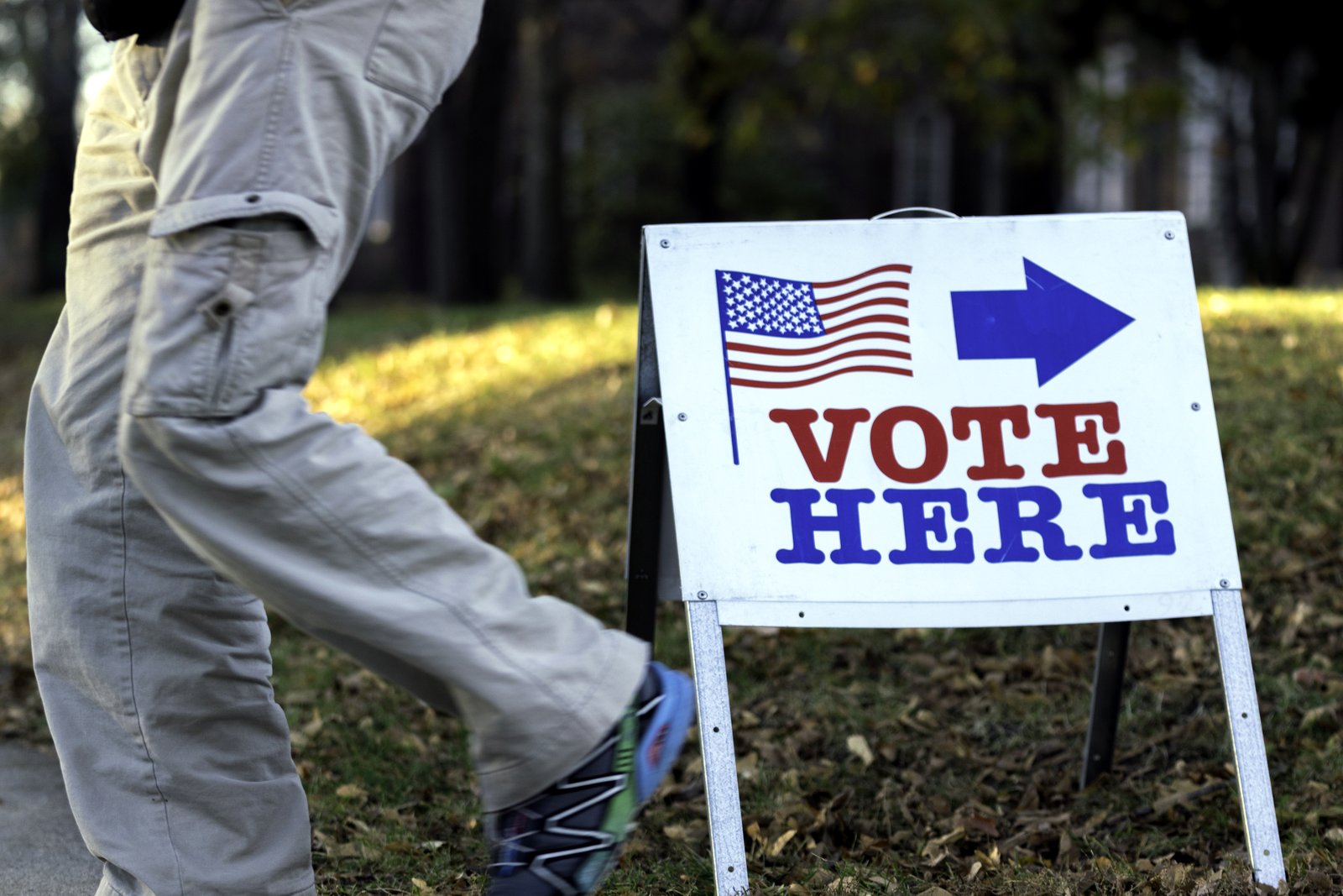 A white “Vote Here” sign with an arrow and an American flag stands in the grass as a person walks past.