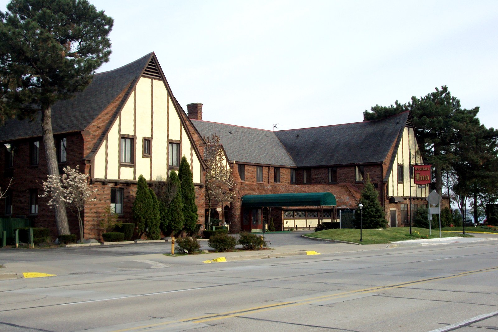 The Tudor Revival brick facade of the St. Clair Inn along the St. Clair River in St. Clair, Michigan.