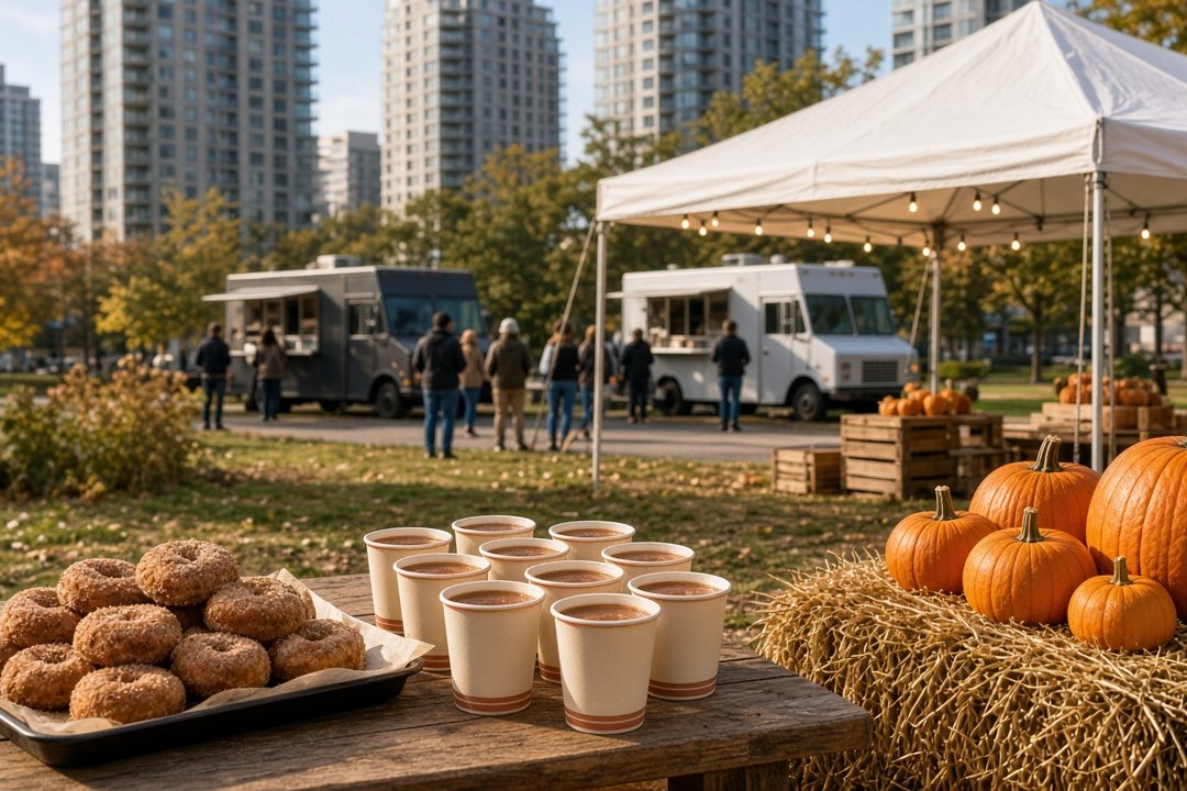 AI-generated illustration of a fall cider festival in a city park, with a white tent, pumpkins on hay bales, cups of cider, doughnuts and food trucks.