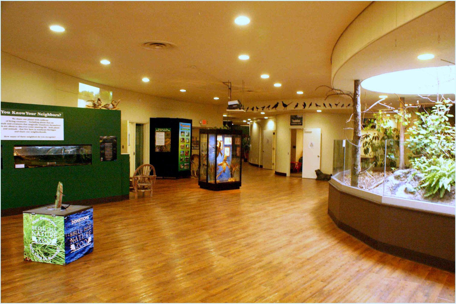 The inside of a nature center with a wood floor, glass display cases, a planted indoor exhibit under a round skylight and a donation box in the foreground.