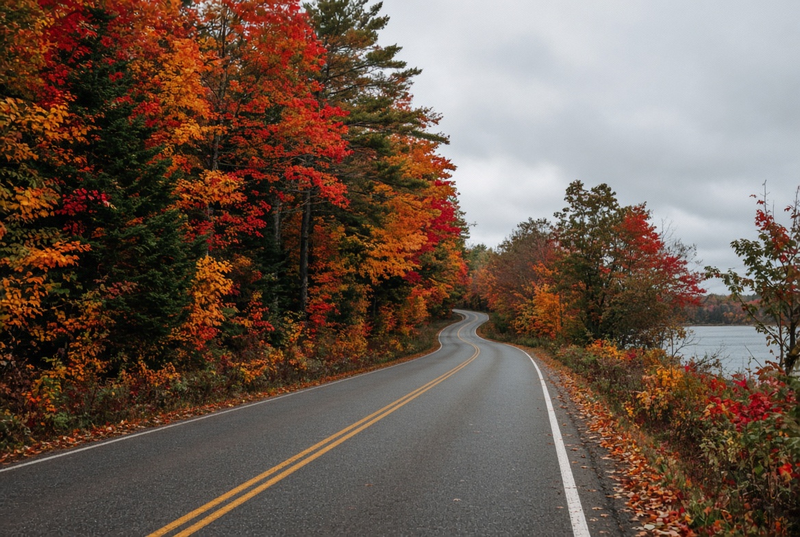 A fall road beside a Michigan lake