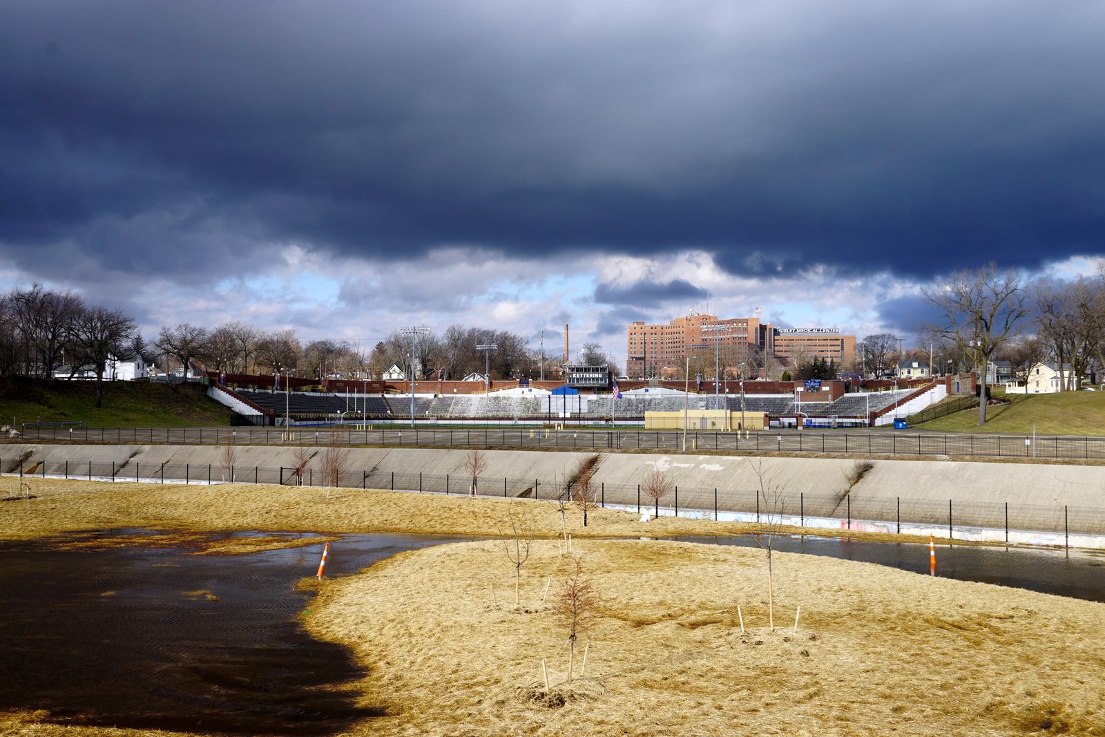 Atwood Stadium exterior near Chevy Commons in Flint.