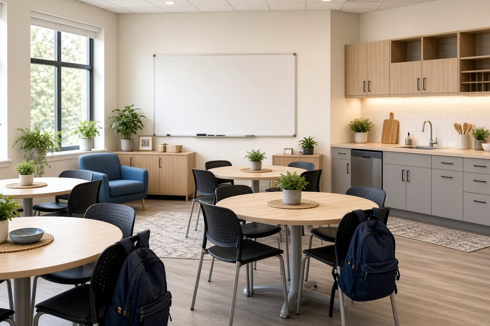 AI-generated illustration of a young-adult life-skills classroom with round tables, chairs, a whiteboard and a teaching kitchen.