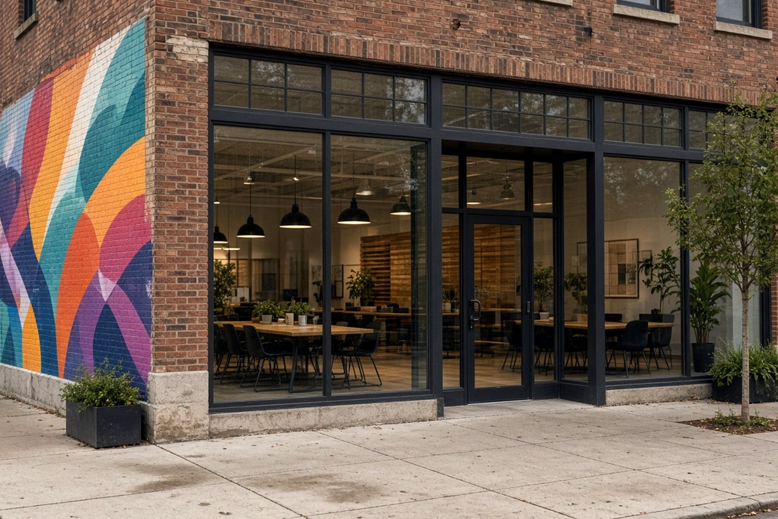 AI-generated illustration of a brick storefront business hub with large windows and a colorful abstract mural on its side wall.
