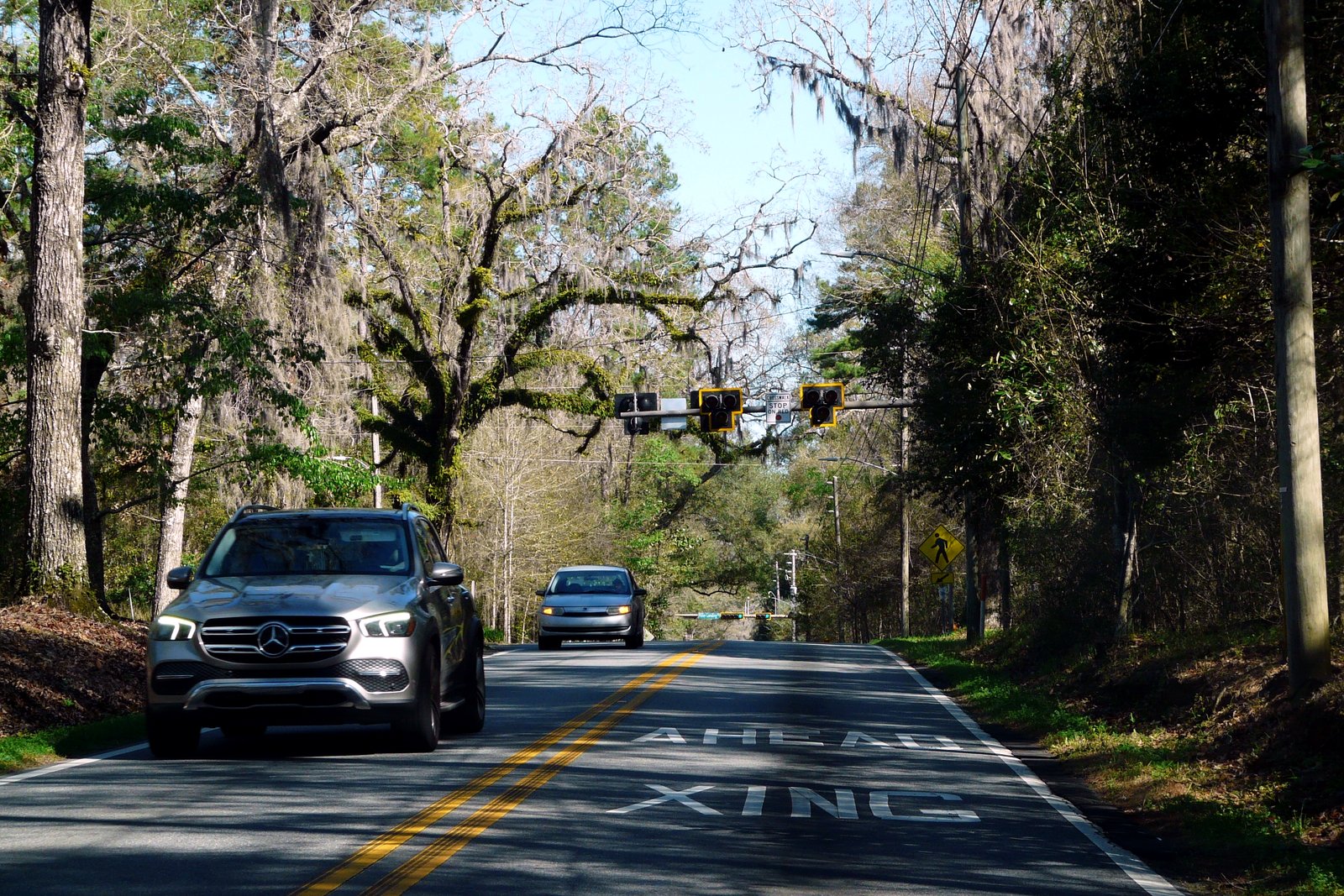 A pedestrian hybrid beacon signal over a tree-lined two-lane road, with PED XING painted on the pavement and cars approaching.