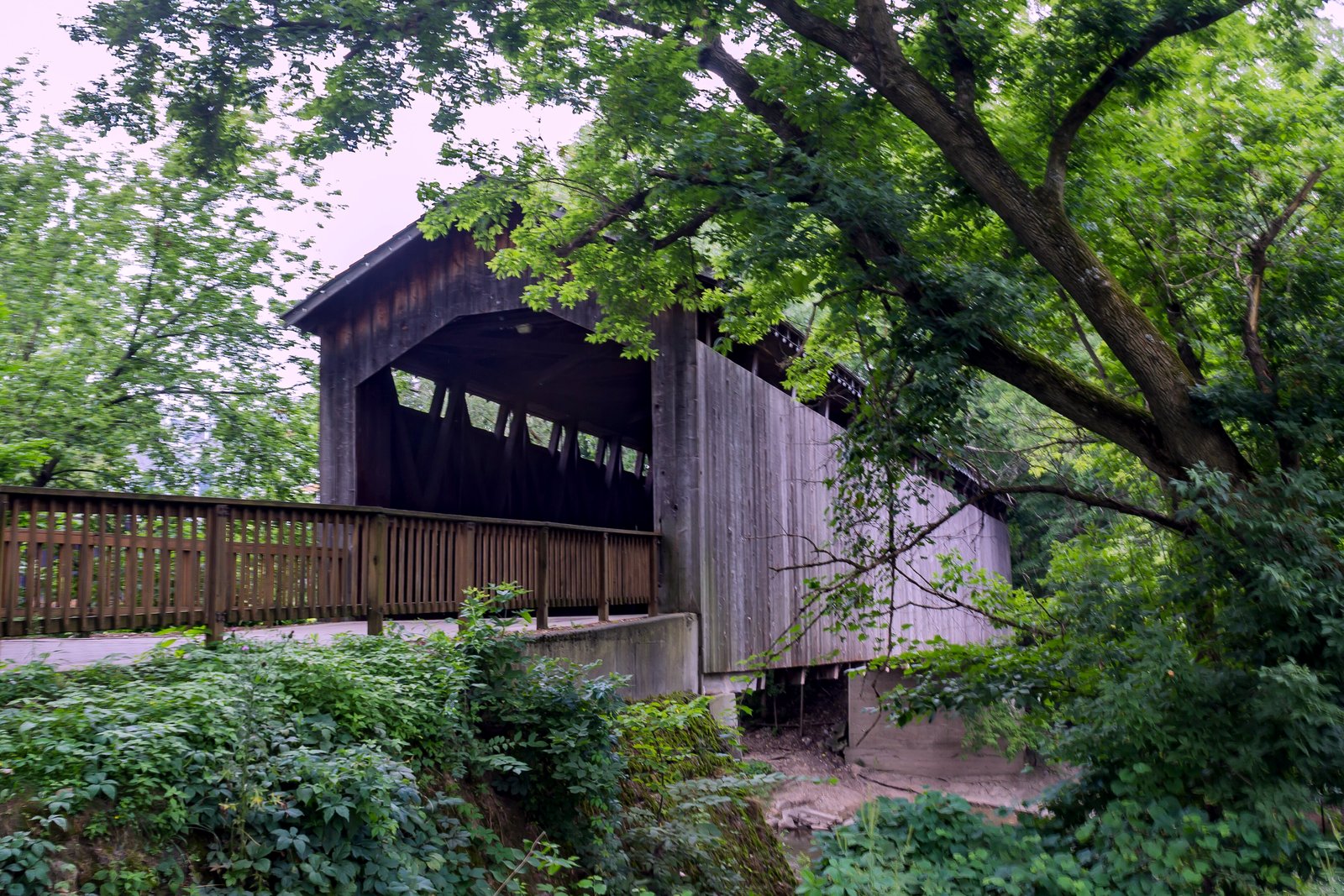 A weathered wooden covered bridge with a gabled roof and a wooden railing on its approach, framed by leafy green trees and brush.