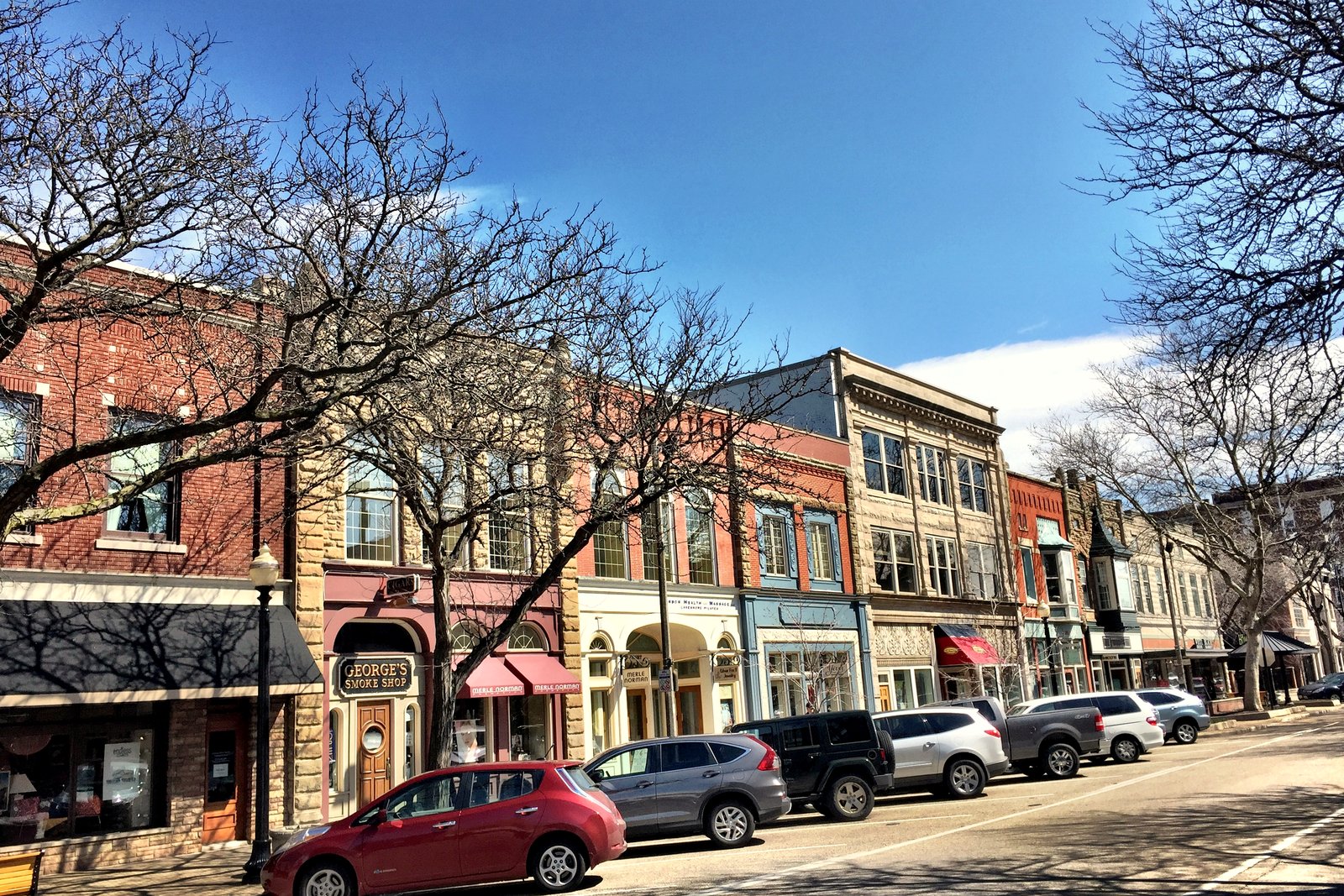 Two- and three-story brick and stone storefronts with awnings along Eighth Street in downtown Holland, with parked cars and bare trees under a blue sky.