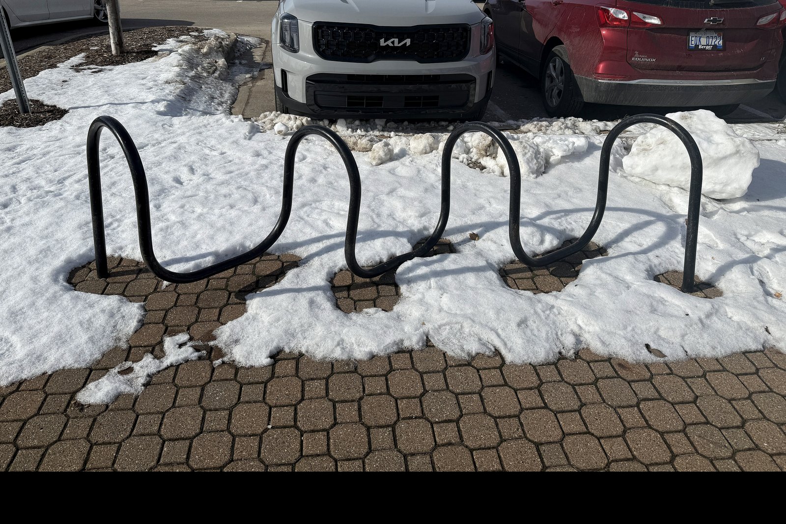 A row of bike racks on a snowy plaza in front of parked cars, with a brick building and bare trees behind.