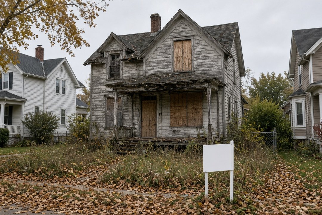 AI-generated illustration of a vacant, boarded-up two-story house on an overgrown lot between well-kept homes in autumn.