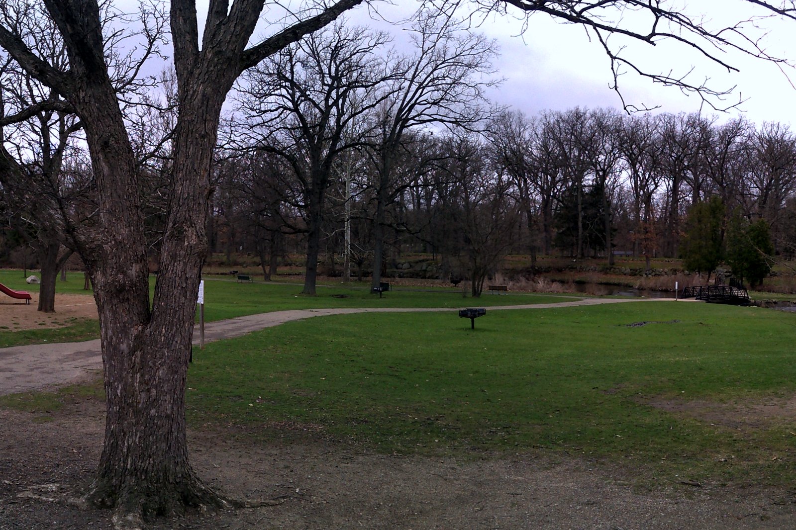 A wide green lawn and trees at Milham Park in Kalamazoo under a clear sky.