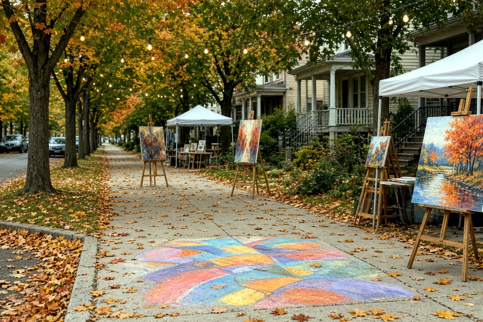 AI-generated illustration of a neighborhood art crawl on an autumn residential street, with paintings on easels, white tents and chalk art on the sidewalk.