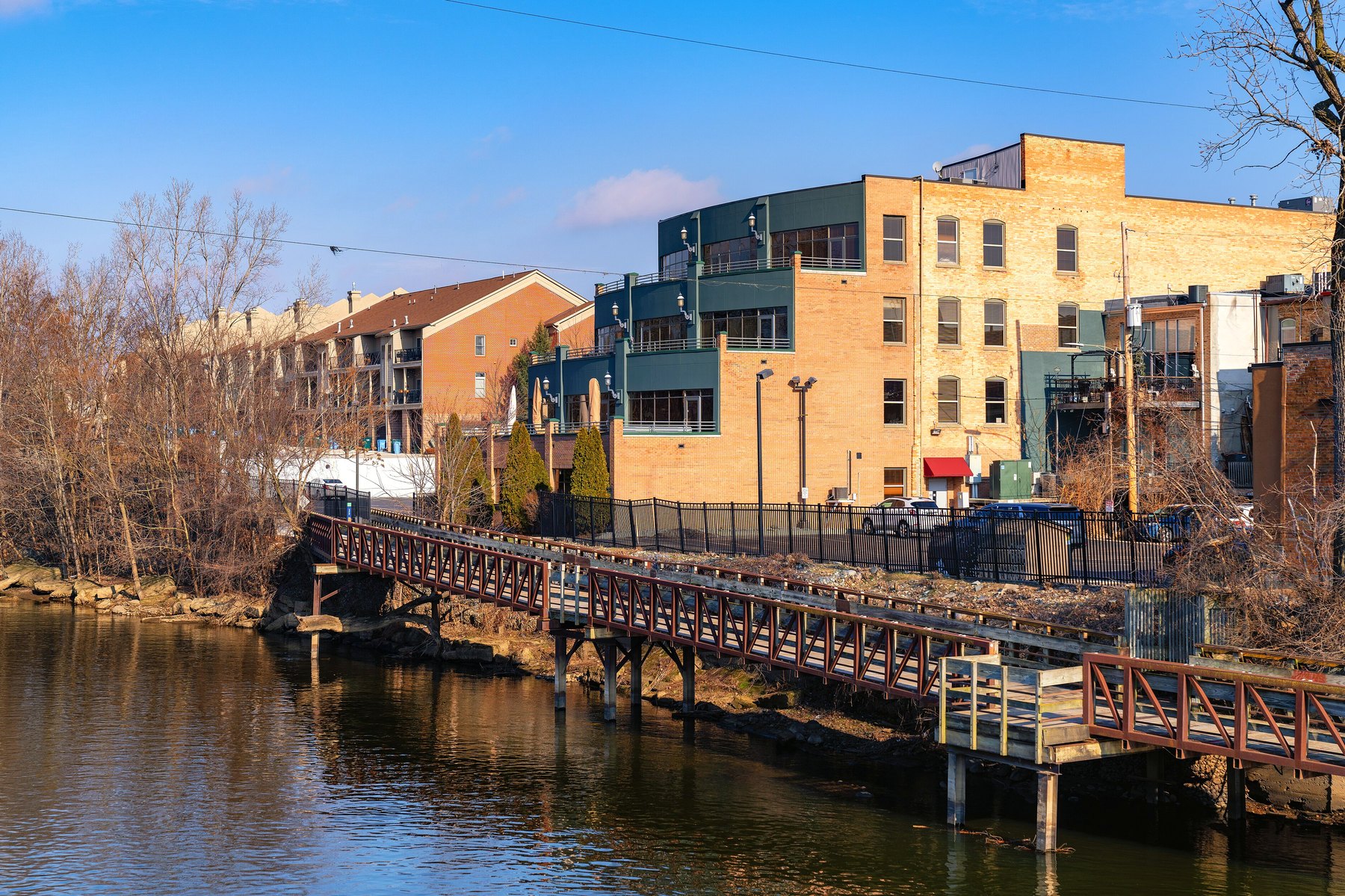 The Lansing River Trail boardwalk along the Grand River in Old Town, Lansing.