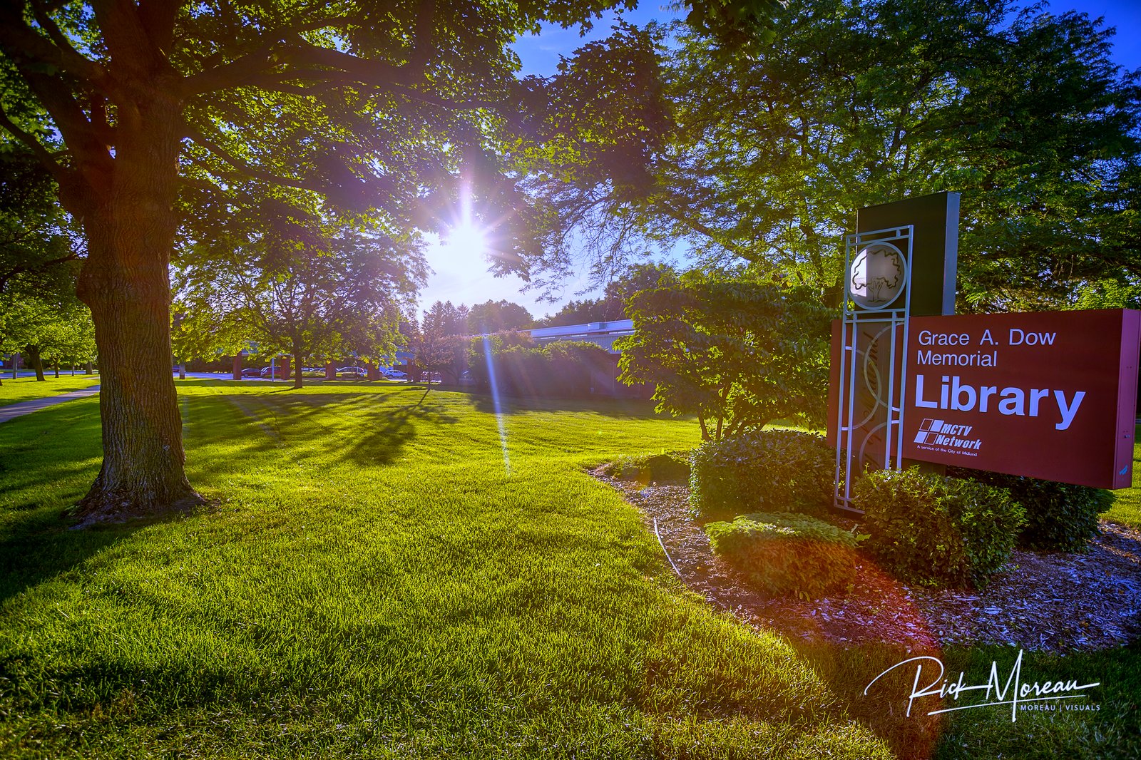 The sun shines through trees onto a green lawn beside the red Grace A. Dow Memorial Library sign.