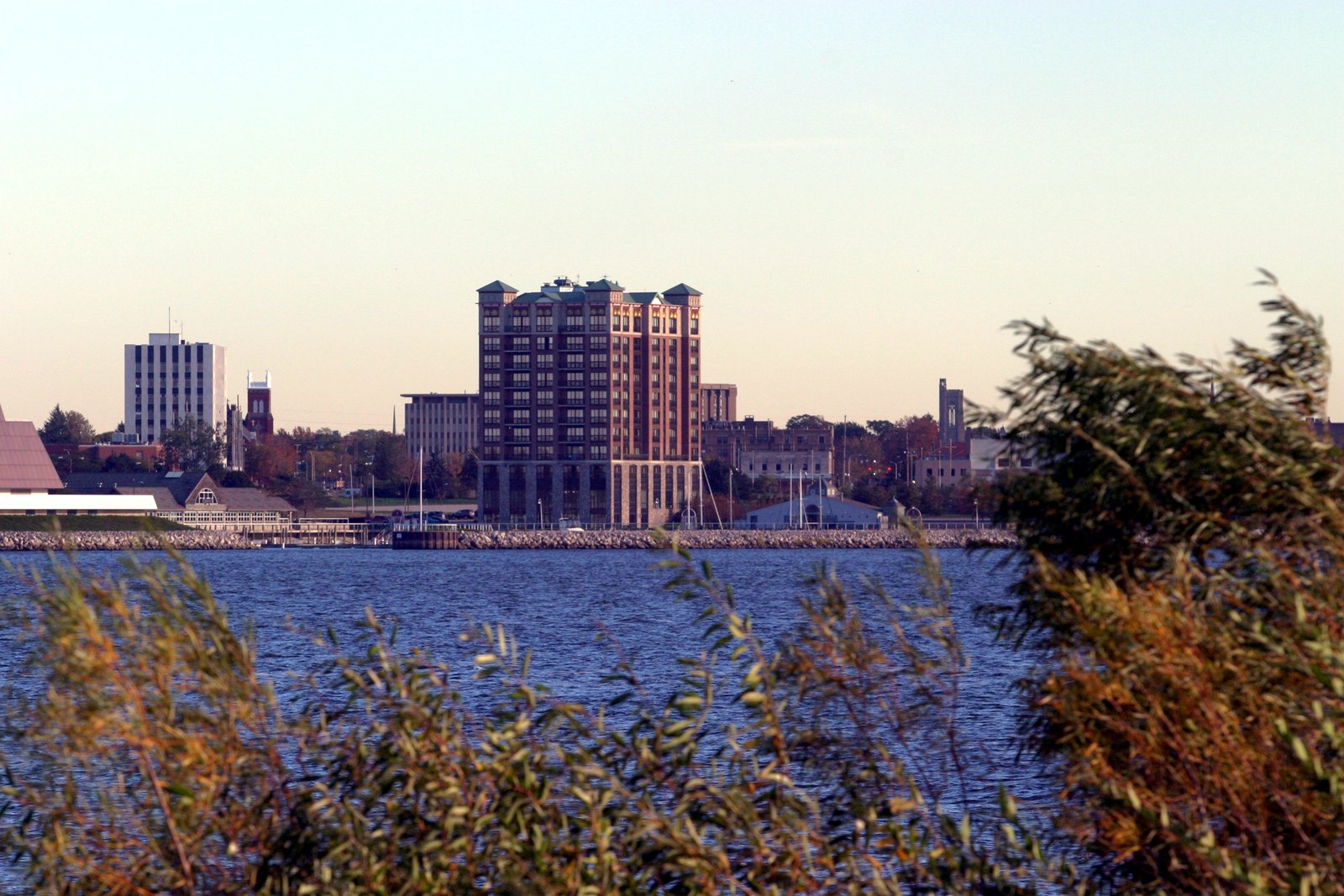 A tall brick building and lower downtown buildings stand behind a stone breakwall across blue water, with leafy shrubs in the foreground.
