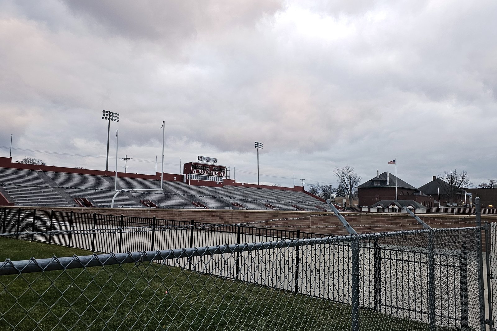 Empty stands and the field at Hackley Stadium in Muskegon, Michigan, in a file photo.