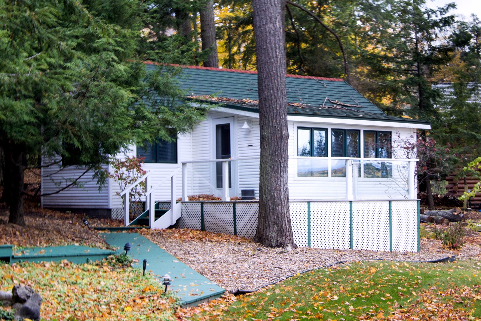 A small white cottage with a green roof and an enclosed porch, set among tall pines and fallen autumn leaves.