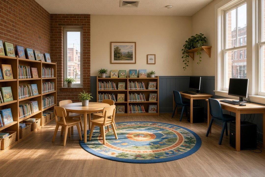 AI-generated illustration of an empty children’s library corner with wooden bookshelves, a round reading rug, small tables and two computer stations beside tall windows.