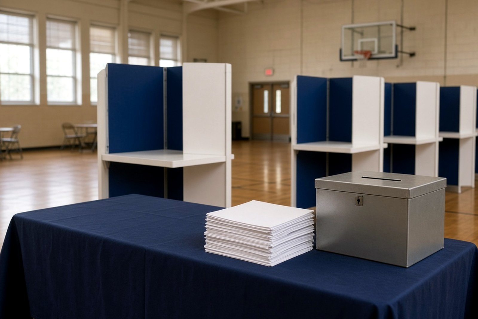 AI-generated illustration of a polling place set up in a school gym, with voting booths, a ballot box and a stack of blank ballots on a table.