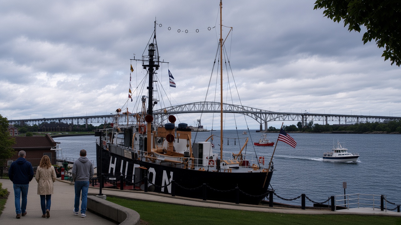 The St. Clair River and the Blue Water Bridge from the Port Huron riverwalk.