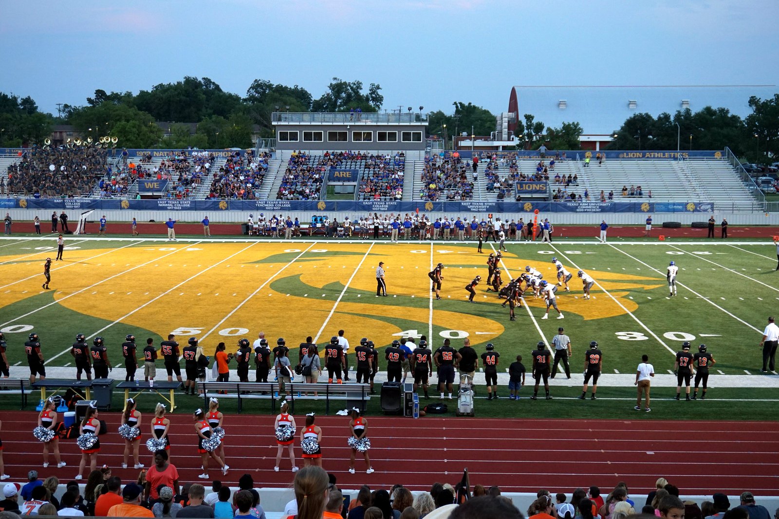High school football players on a field under stadium lights, with a punter kicking the ball as linemen block.