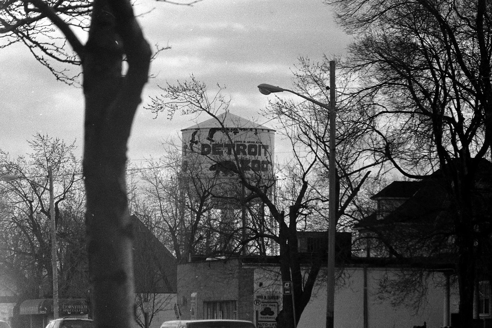 A black-and-white photo of a tall cylindrical water tower with the word Zoo on it, rising behind bare trees and a street light.