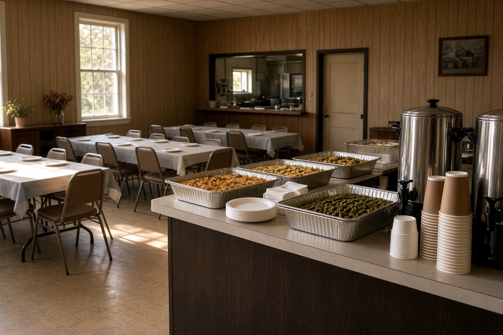 AI-generated illustration of a church fellowship hall set for a free community lunch, with tables, chairs, coffee urns and trays of food on a serving counter.