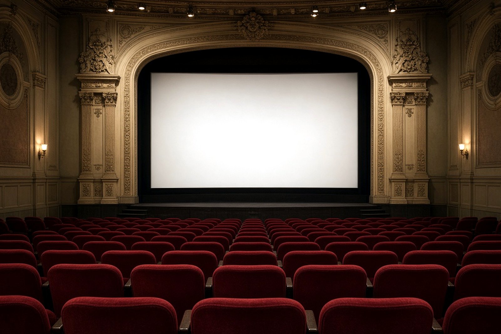 AI-generated illustration of the interior of a historic small-town movie theater, with rows of red seats facing a blank screen framed by an ornate arch.