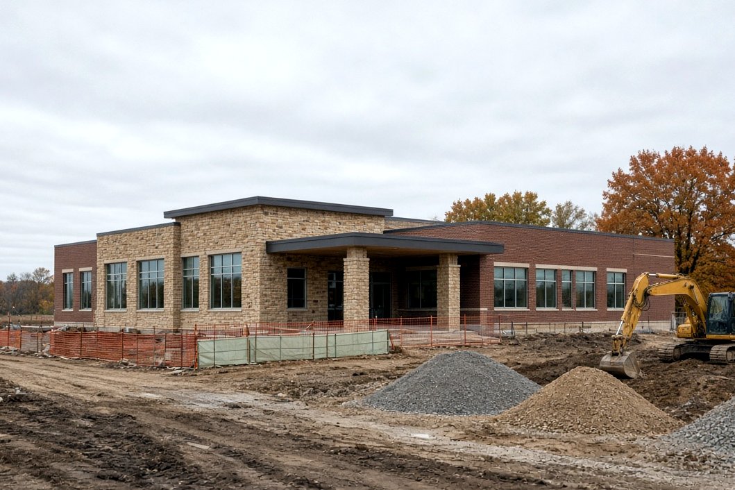 AI-generated illustration of a one-story brick and stone hospital building under construction, with an excavator and gravel piles on a muddy site in autumn.