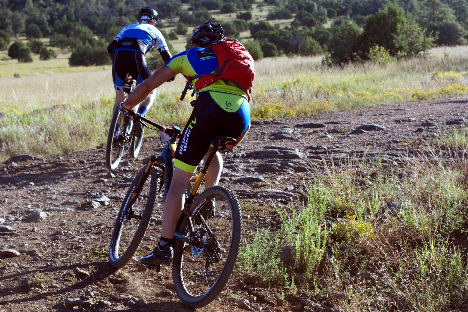 Two mountain bikers in helmets ride single file on a dusty dirt trail through dry grass and pine trees.