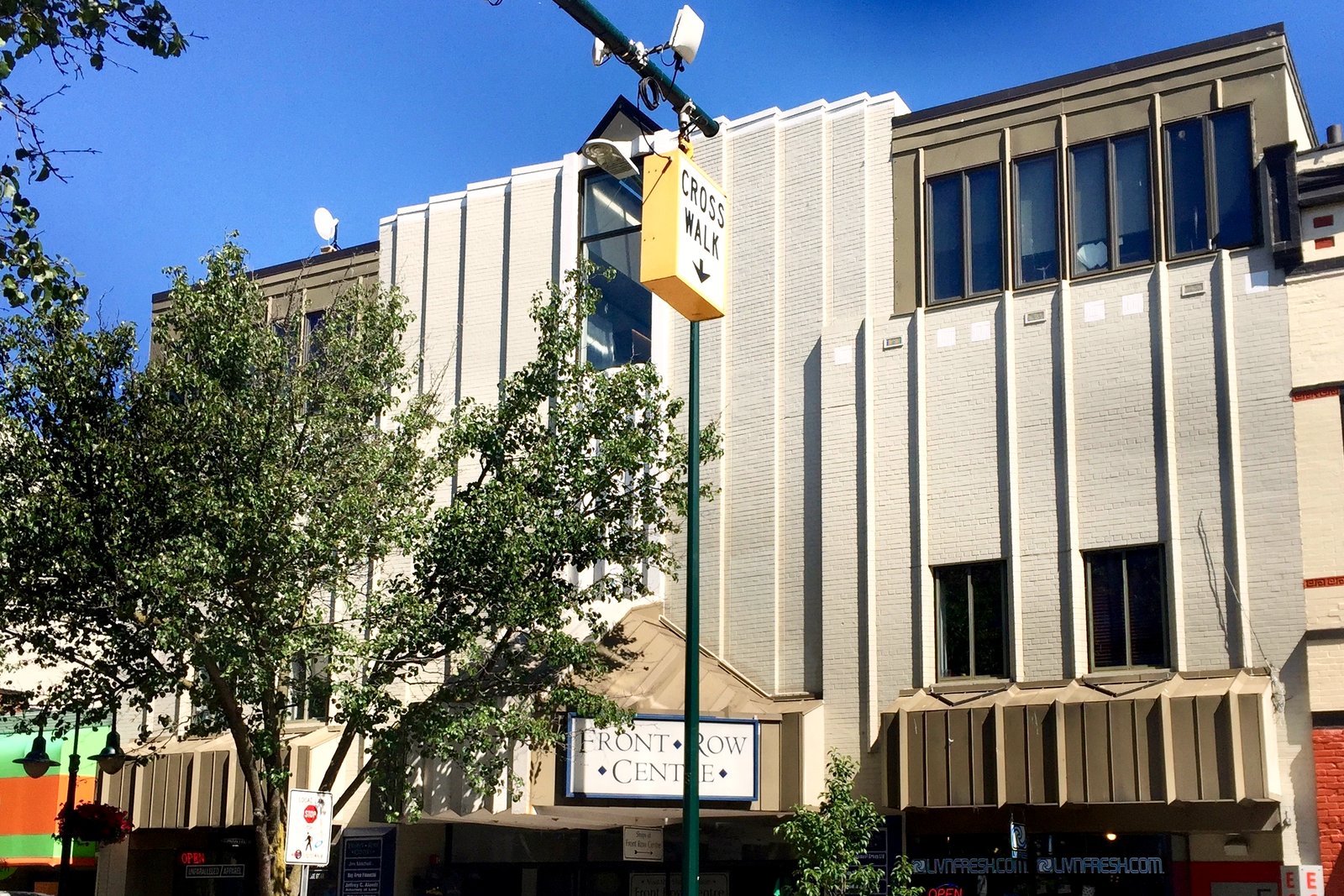 A downtown corner with a tall beige modern office building, trees and a traffic signal under a blue sky.