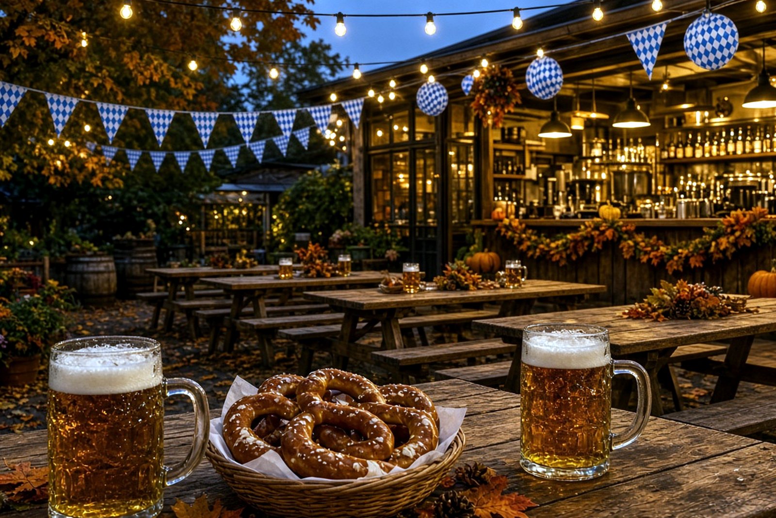 AI-generated illustration of an autumn Oktoberfest beer garden, with steins of beer and a basket of pretzels on a wooden table under string lights and blue-and-white pennants.