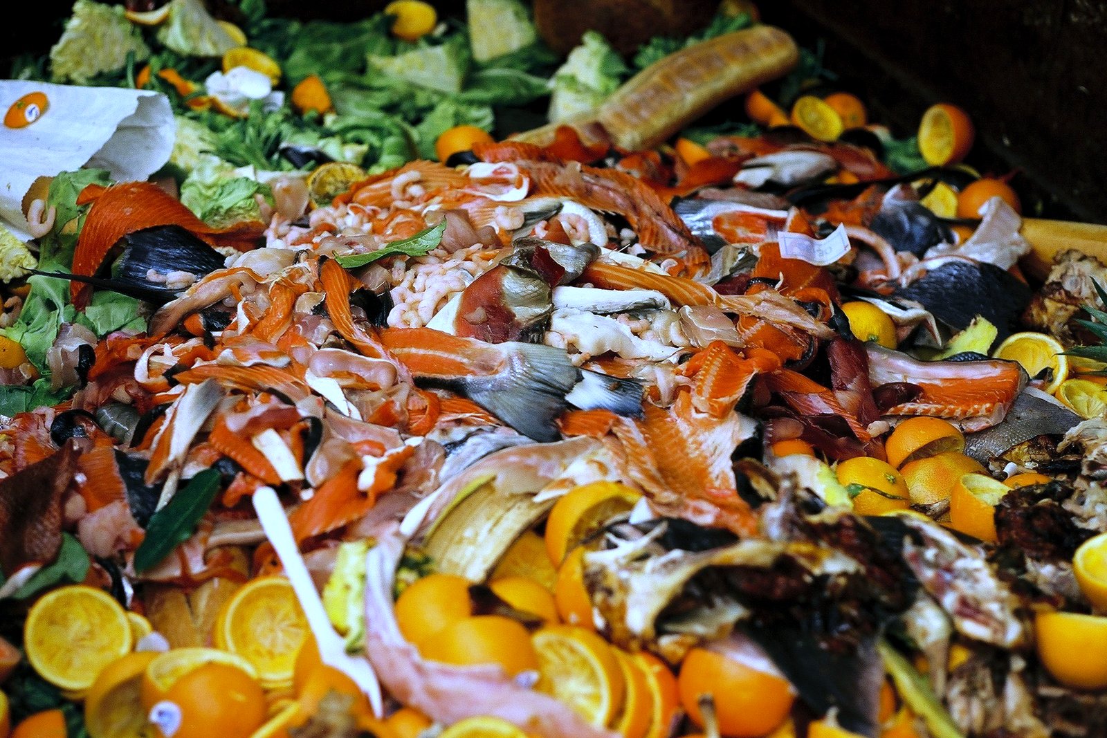 Discarded food scraps, including fish skins and bones, orange halves and lettuce, piled in a market dumpster.