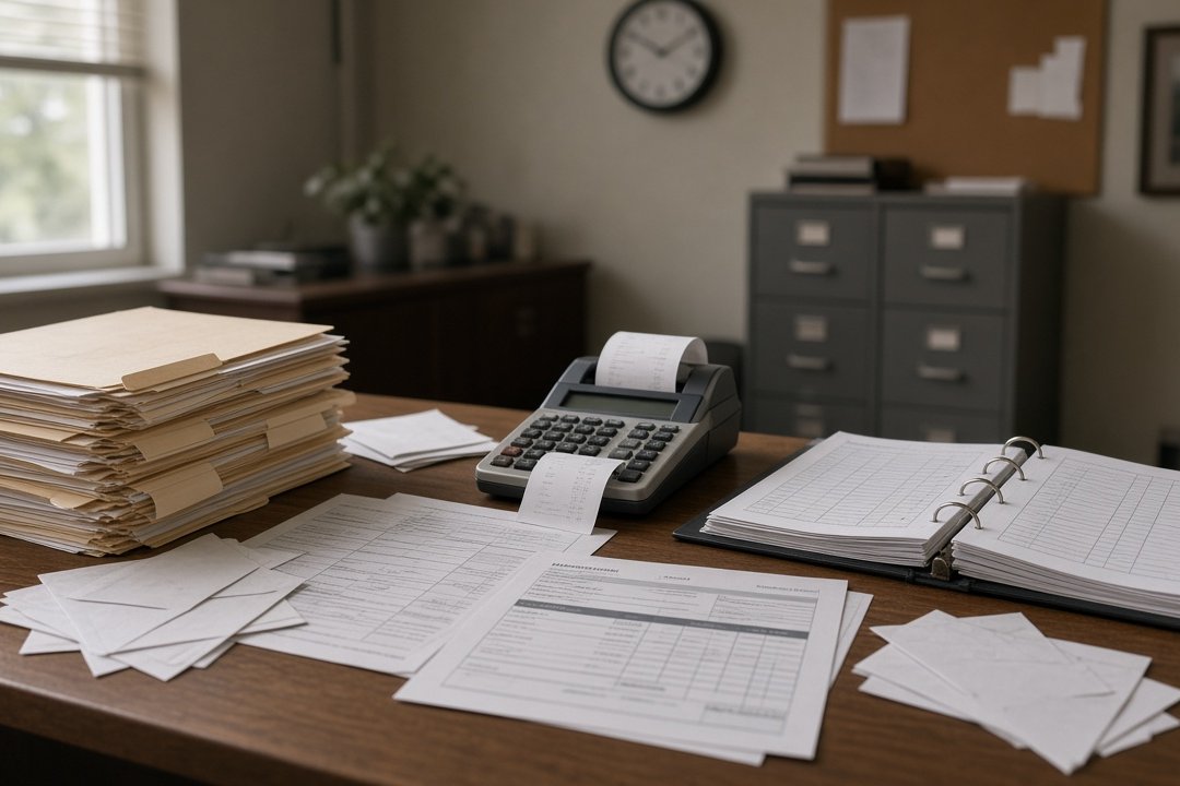 AI-generated illustration of stacks of manila folders, bank statements, a printing calculator and an open ledger binder on an office desk.