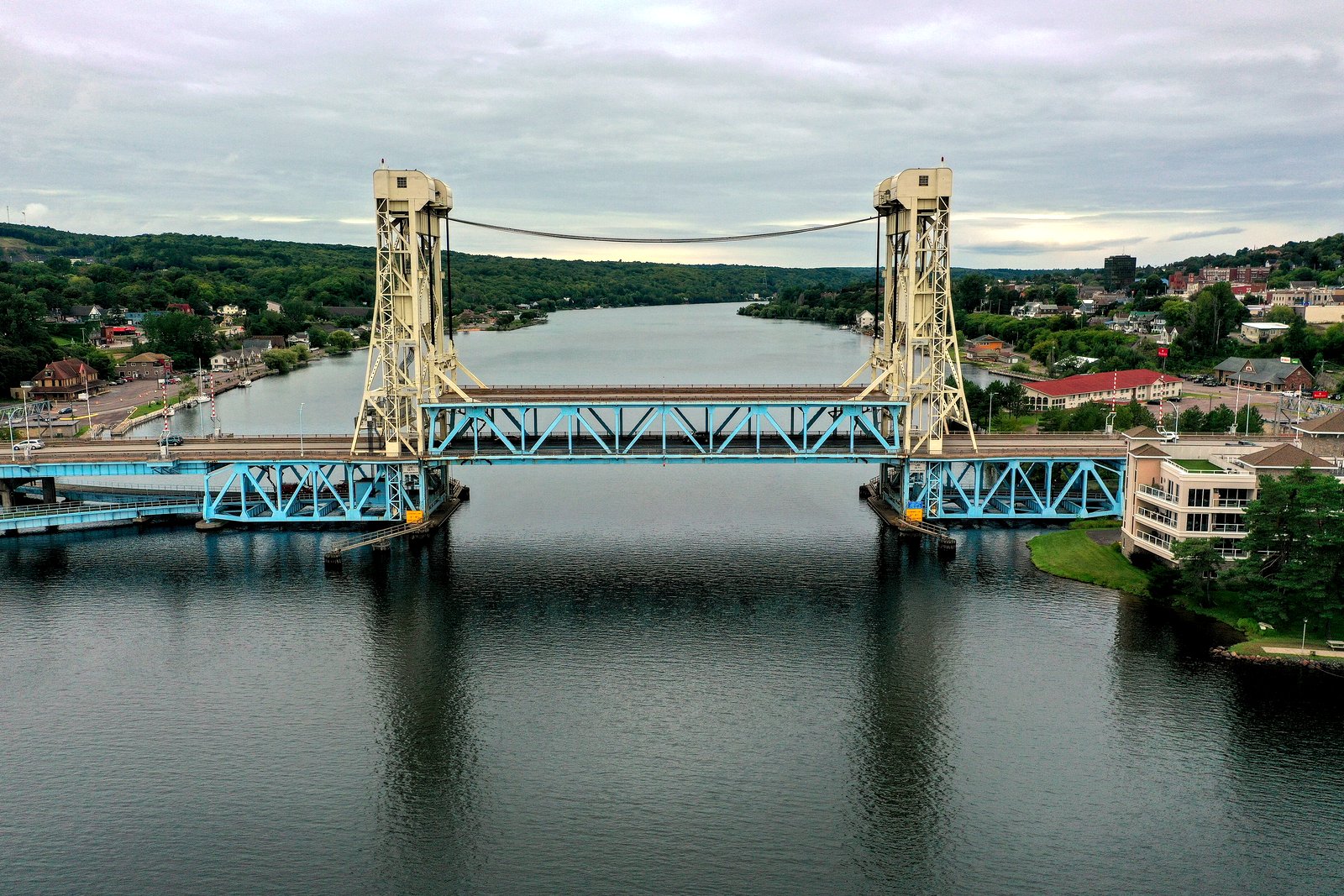 The Portage Lake Lift Bridge spanning the water between Houghton and Hancock on Michigan’s Keweenaw Peninsula, photographed on a clear day.