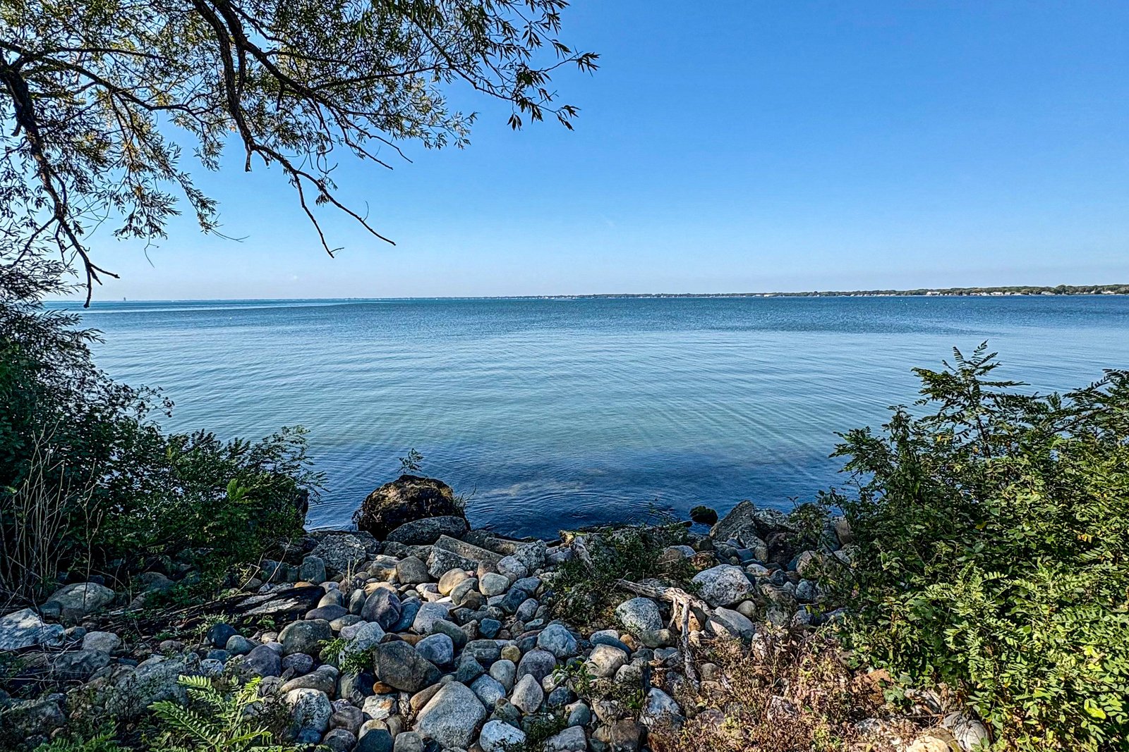 Calm blue water of Lake St. Clair under a clear sky, seen from a rocky shoreline with tree branches and shrubs at Lake St. Clair Metropark in Harrison Township.